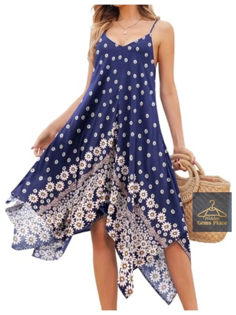 Flowy Spaghetti Strap Midi Cover Up Dress with V-Neck & High-Low Hem